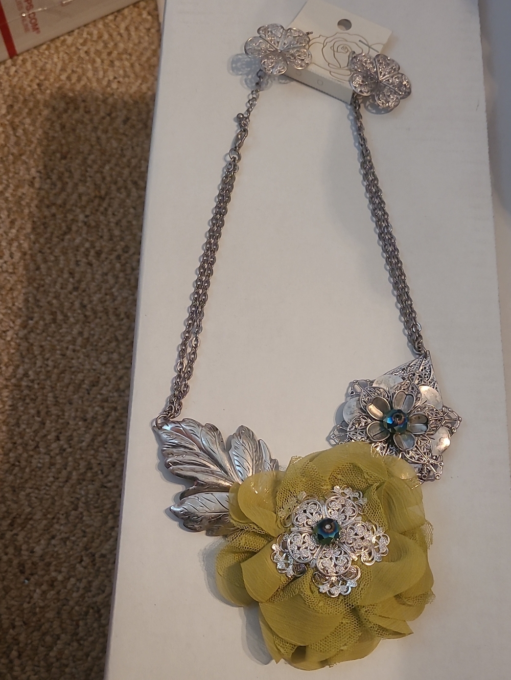 Silver-tone Floral Statement Necklace with Yellow Fabric Flower